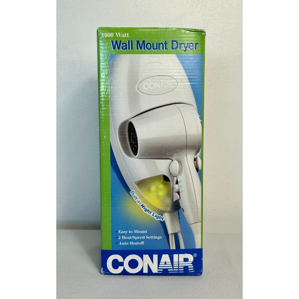 Conair Hair Dryer Wall Mount 1600 Watt White Nightlight Auto Shut Off 134R NEW